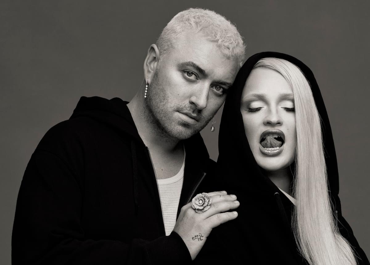 Sam Smith with a hand on Kim Petras' shoulder for their "Unholy" single in monochrome